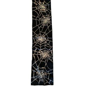 Halloween Table Runner Black With Silver Sequins Spiderwebs 13.5x58"